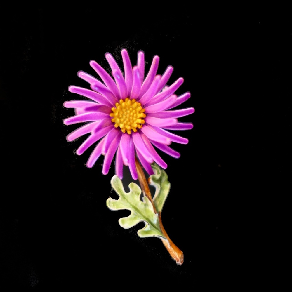 Vintage Fuchsia Pink Purple Flower Ceramic Leaf Enamel Brooch Pin